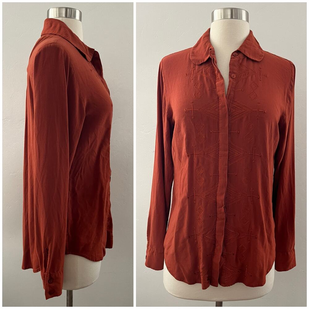 Pendleton Embroidered Blouse Small Orange Button Up Long Sleeve Modest Office